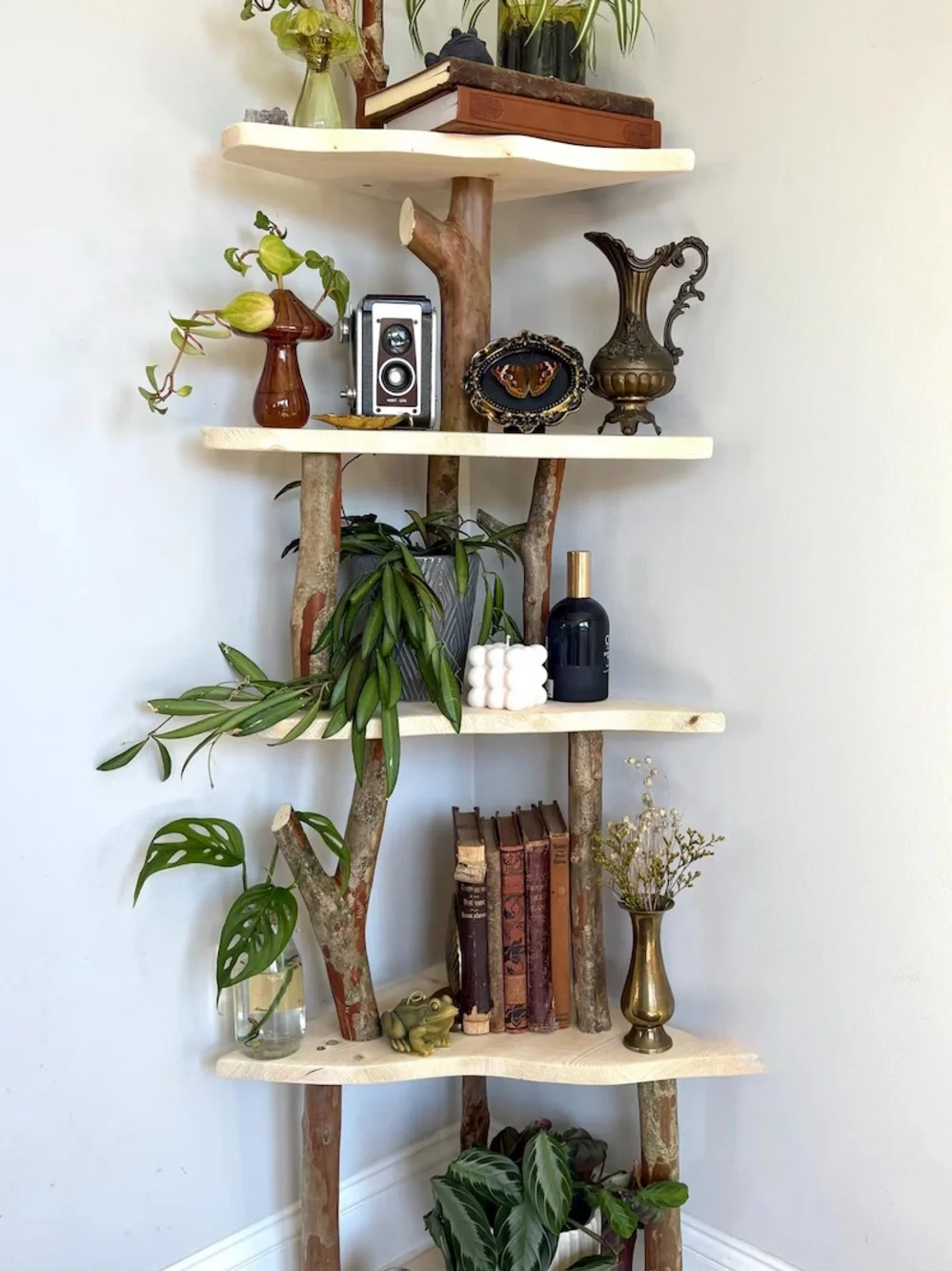 ✨🪾Handmade plant fairy decor shelf - 5 tiered corner Shelf - raw Natural wood